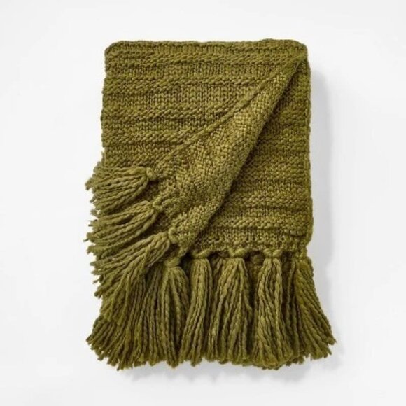 Raised Striped Chunky Knit Throw Blanket Green - Threshold designed with Studio